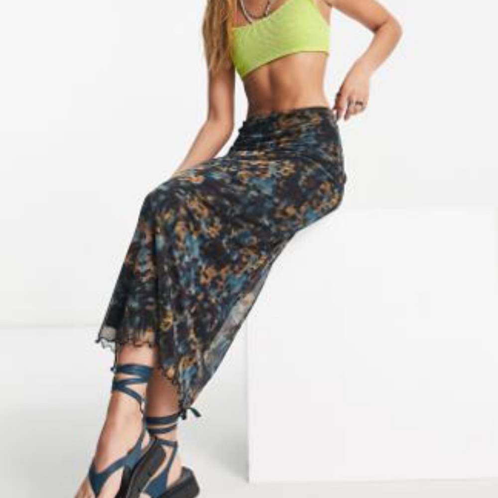 Topshop printed jersey mesh midi skirt in blue